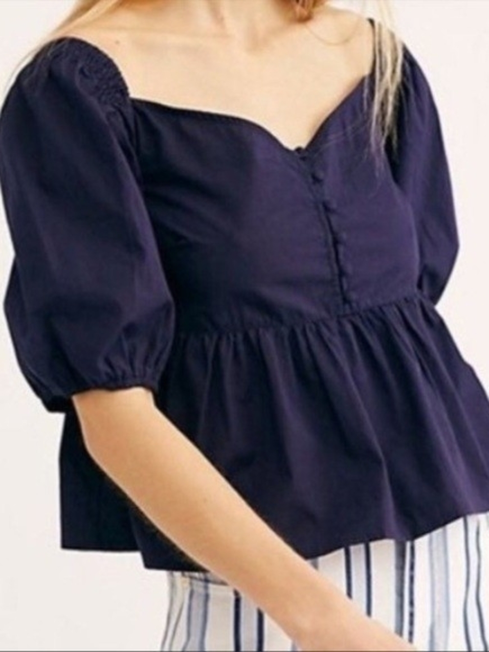 Free People Navy Puff Sleeve Peplum Blouse